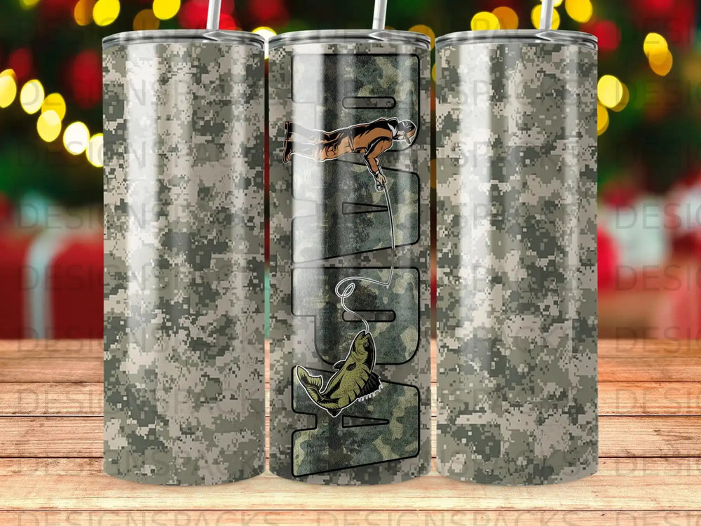 Camouflaged tumbler with fishing graphic and "FISH" text.