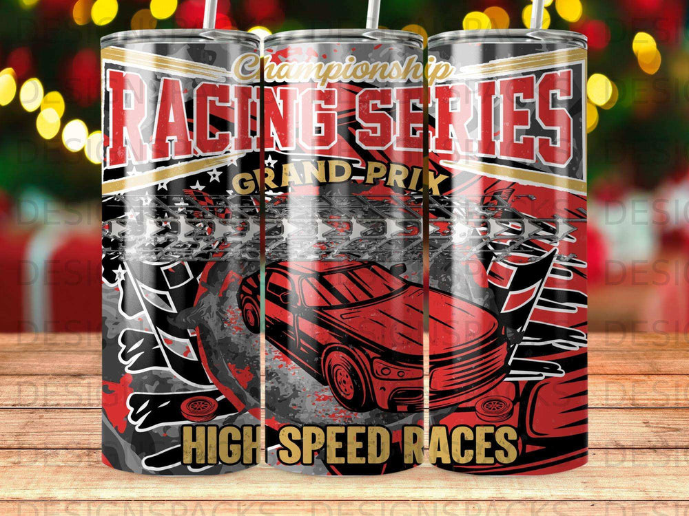 Red race car and "Championship Racing Series" text on a black and red tumbler.
