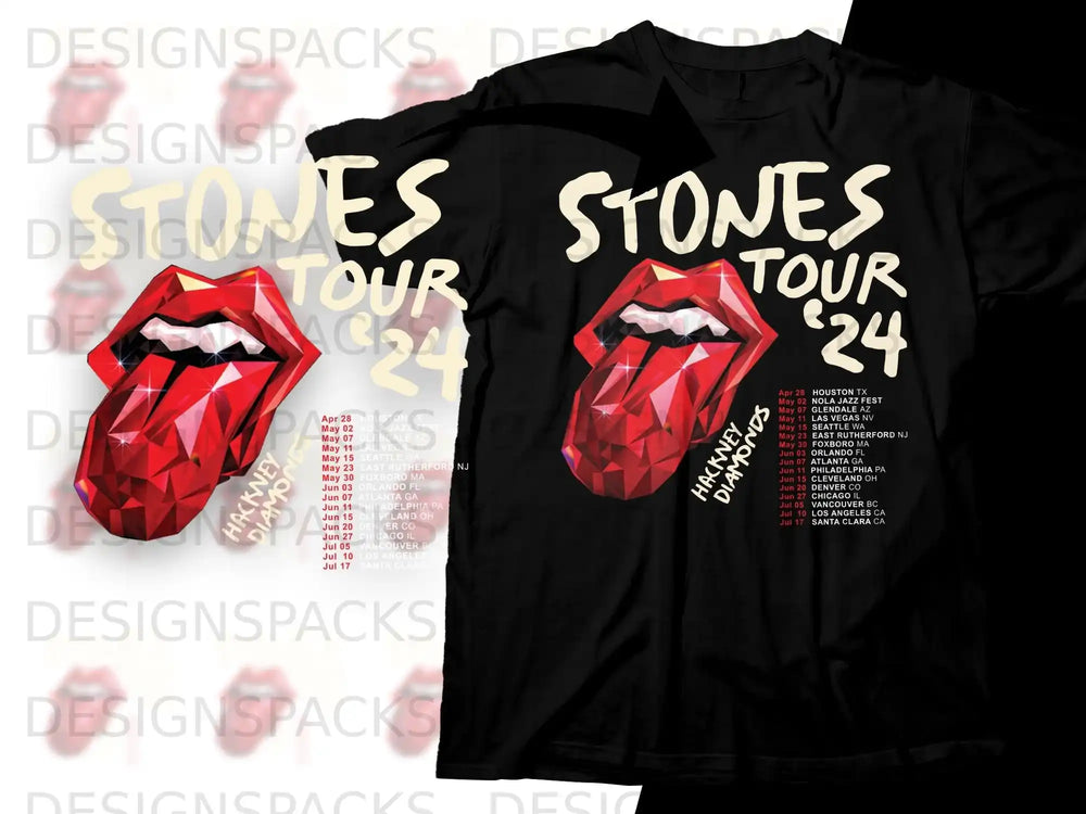 Rolling Stones Hackney Diamonds 2024 tour shirt with dates and cities.