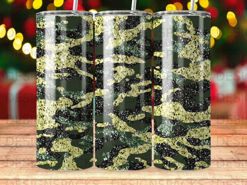 Green and yellow camouflage tumbler with glitter accents.