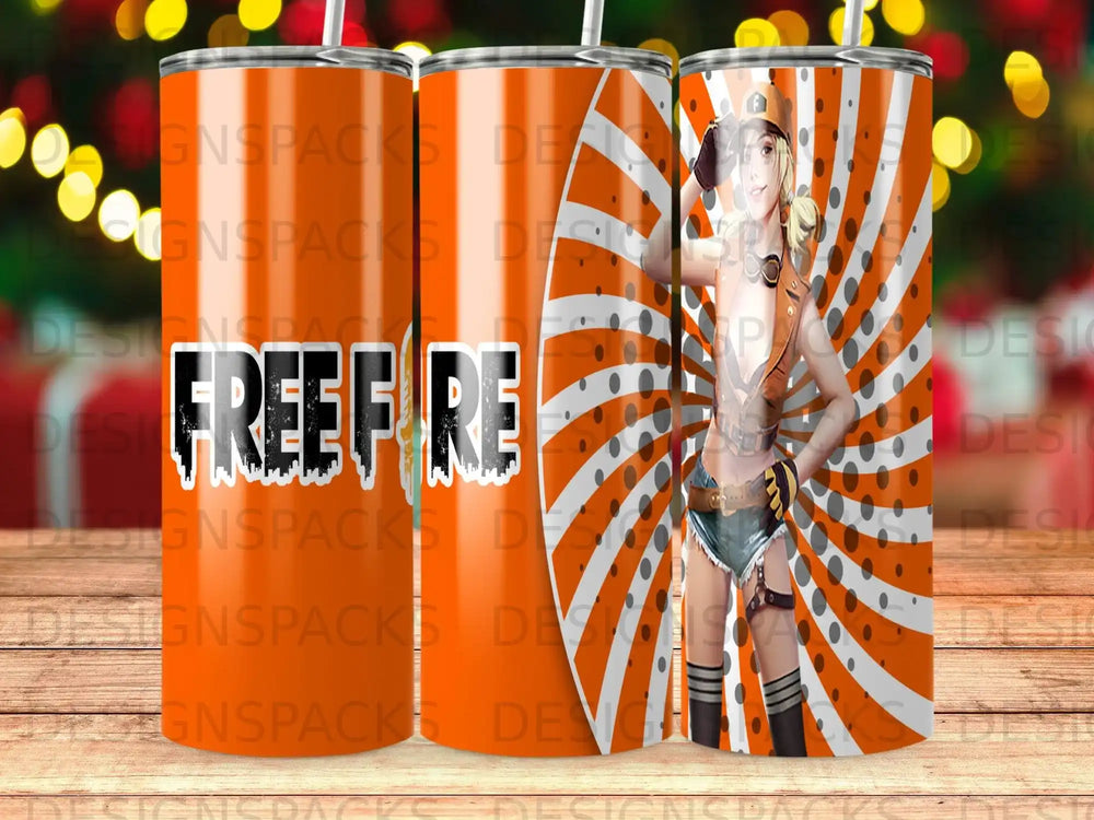 Tumbler with Free Fire character, orange and white radial pattern.