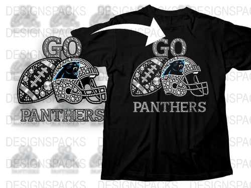 Panthers Football Team Rhinestone T-Shirt, Sports Fan Black Tee, Sparkly Helmet Design Shirt, Casual Game Day Apparel