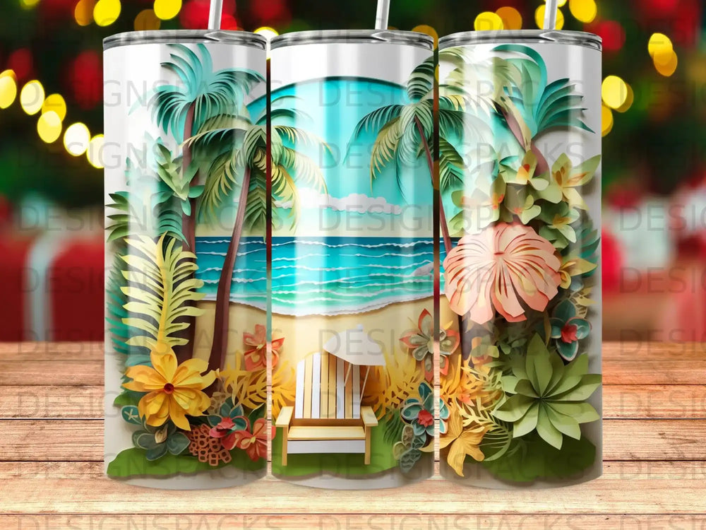 Beach scene with palm trees, ocean, and a chair, on a tumbler.