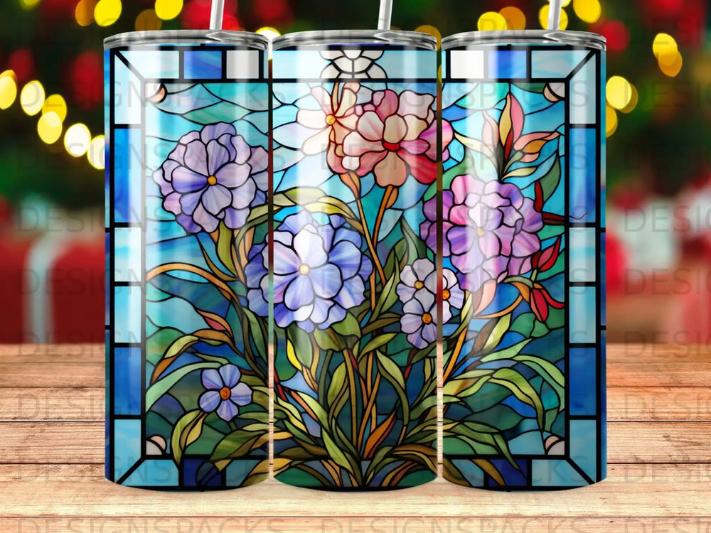 Stained glass floral design on a tumbler.