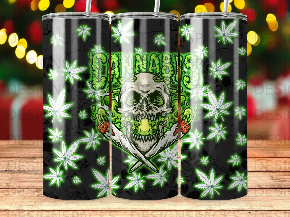 Green skull with marijuana leaves and cannabis text on a black background.