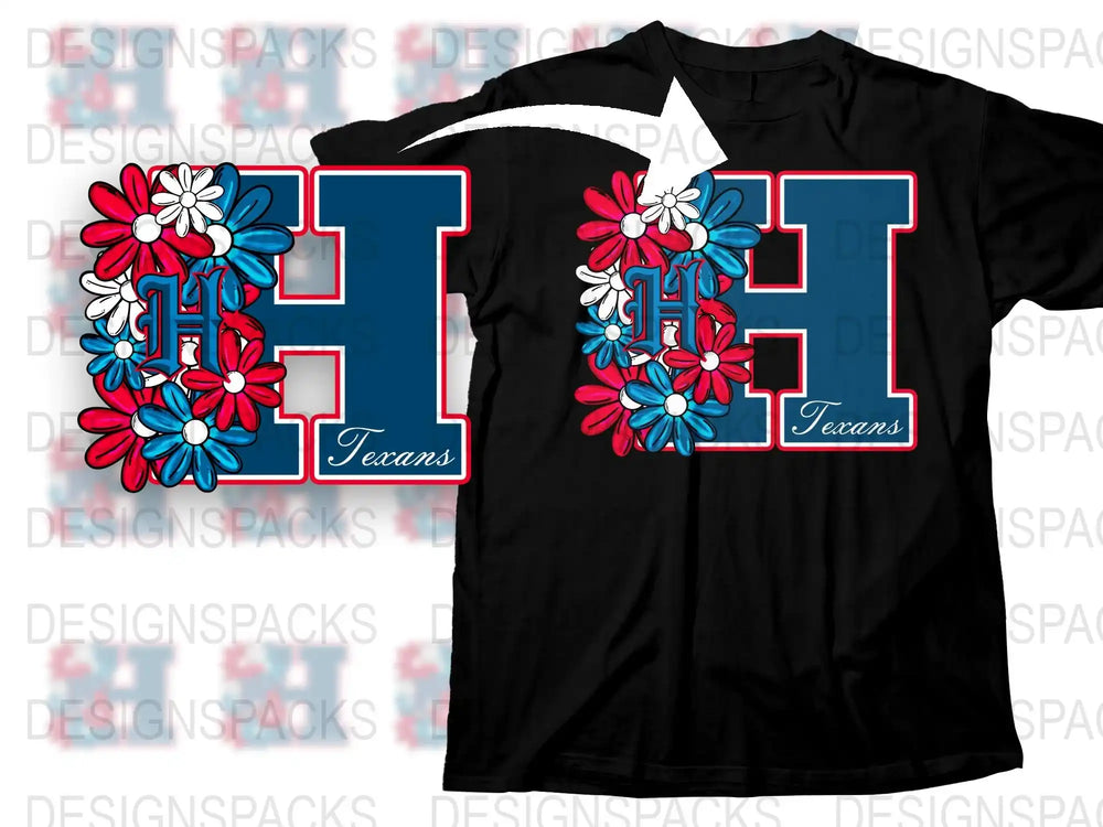 Texas Longhorns Floral T-Shirt, Red Blue Floral Print, Stylish College Team Apparel, Casual Sports Tee
