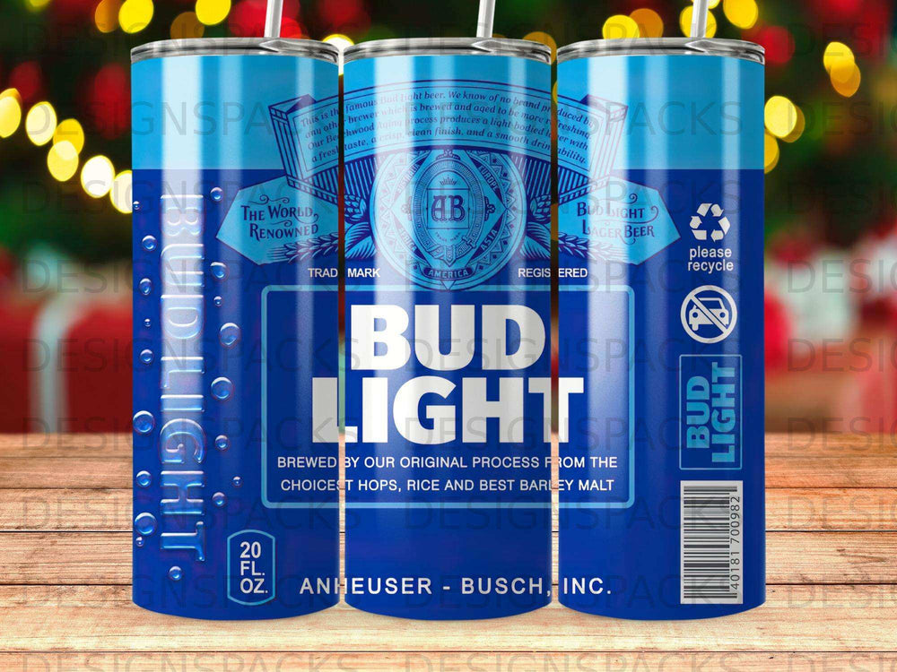 Bud Light tumbler with the Bud Light logo and text about the beer.