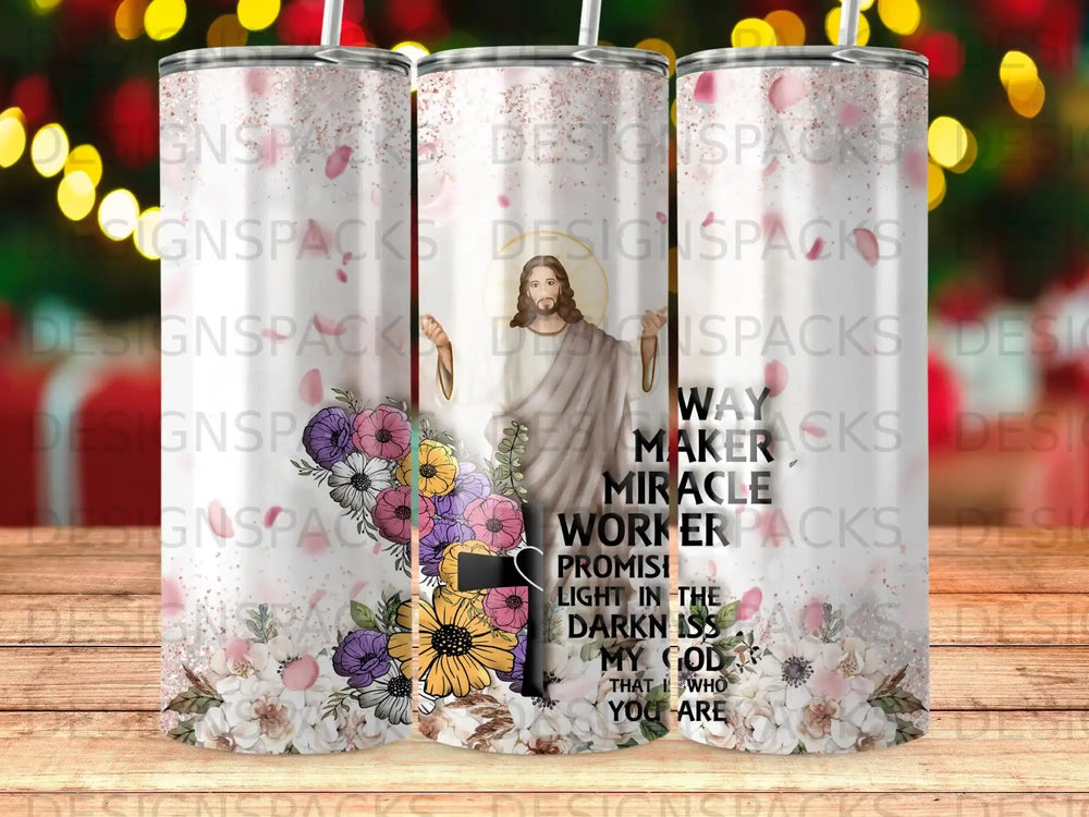 Jesus with open arms and floral accents, text reads "Way Maker Miracle Worker".