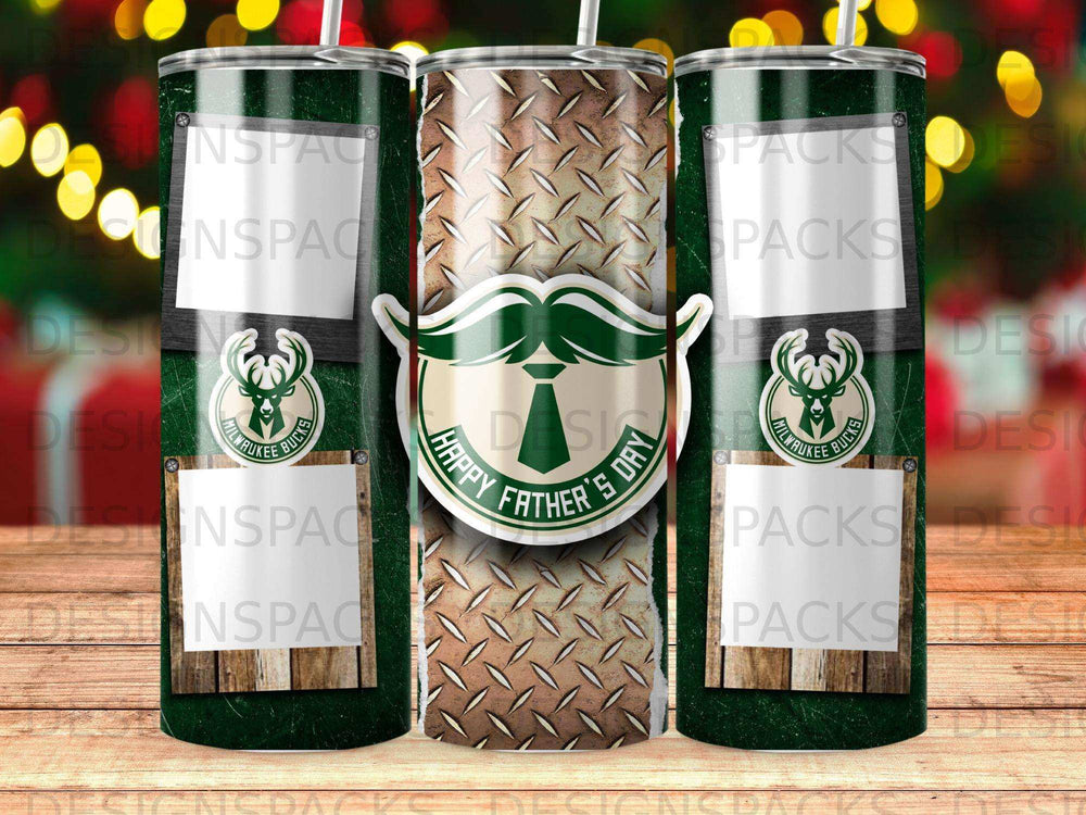 Milwaukee Bucks Father's Day tumbler with diamond plate and mustache design.