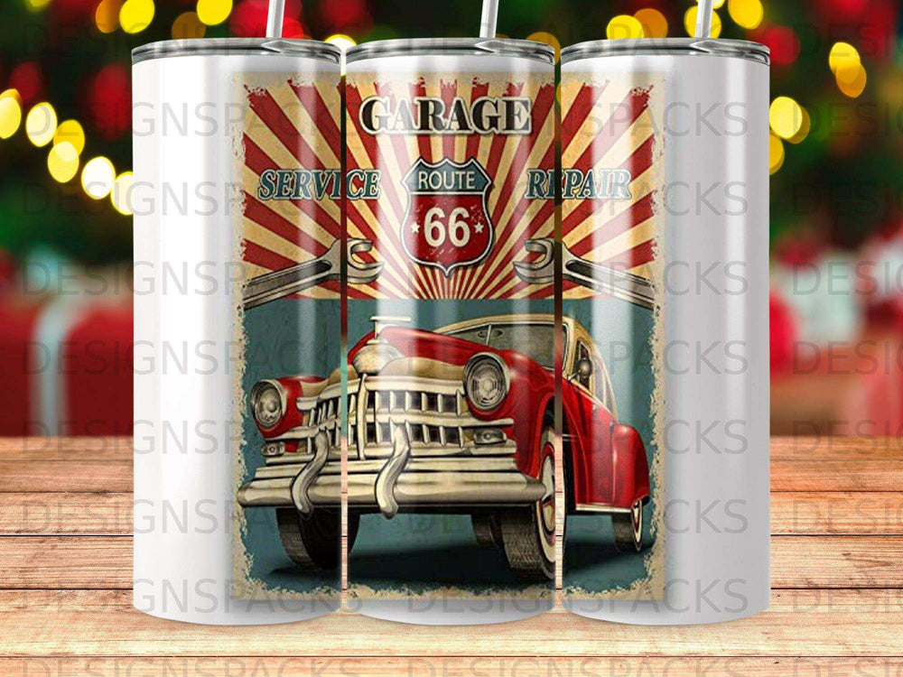 Vintage red car with "Garage Service Route 66" signage.