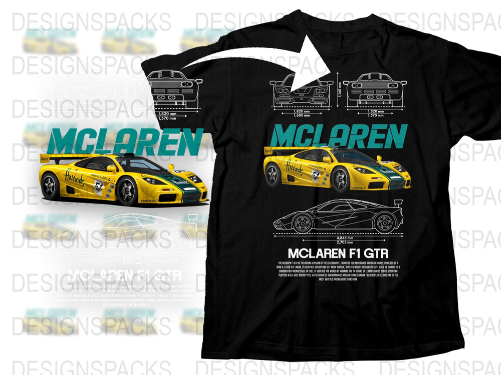 McLaren F1 GTR Graphic T-Shirt, Racing Car Print, Vintage Motorsport Tee, Collector’s Motorsport Apparel, Yellow and Black