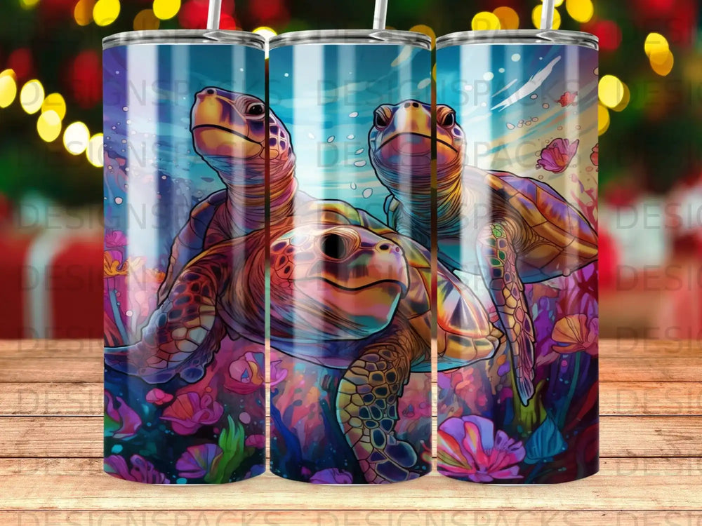 Three colorful sea turtles swim amongst coral and anemones under a bright sky.