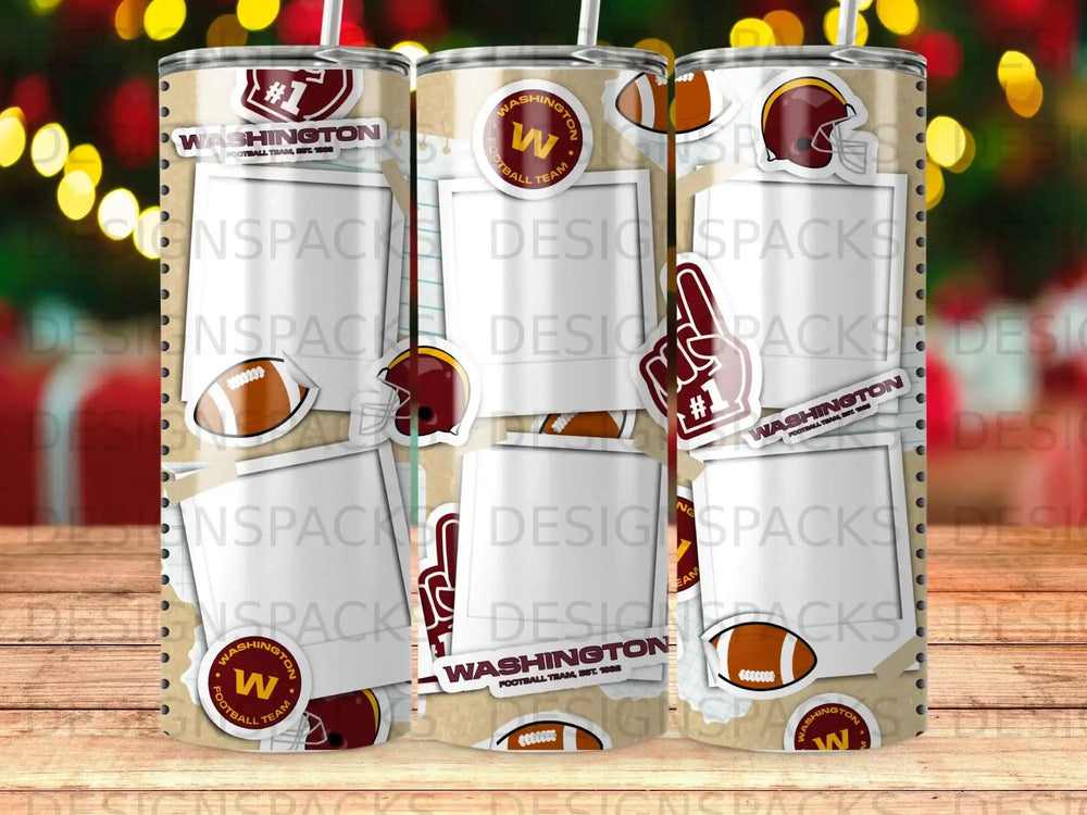 Washington Football Team tumbler with photos, helmets, and footballs.