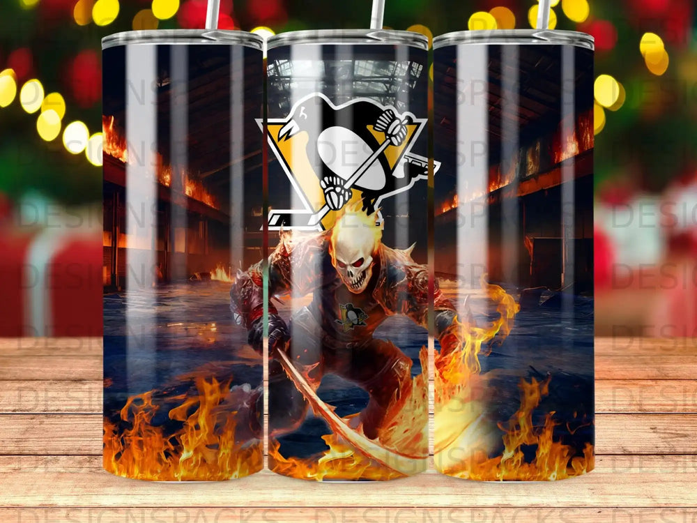Pittsburgh Penguins fiery grim reaper mascot with scythe and flaming background.