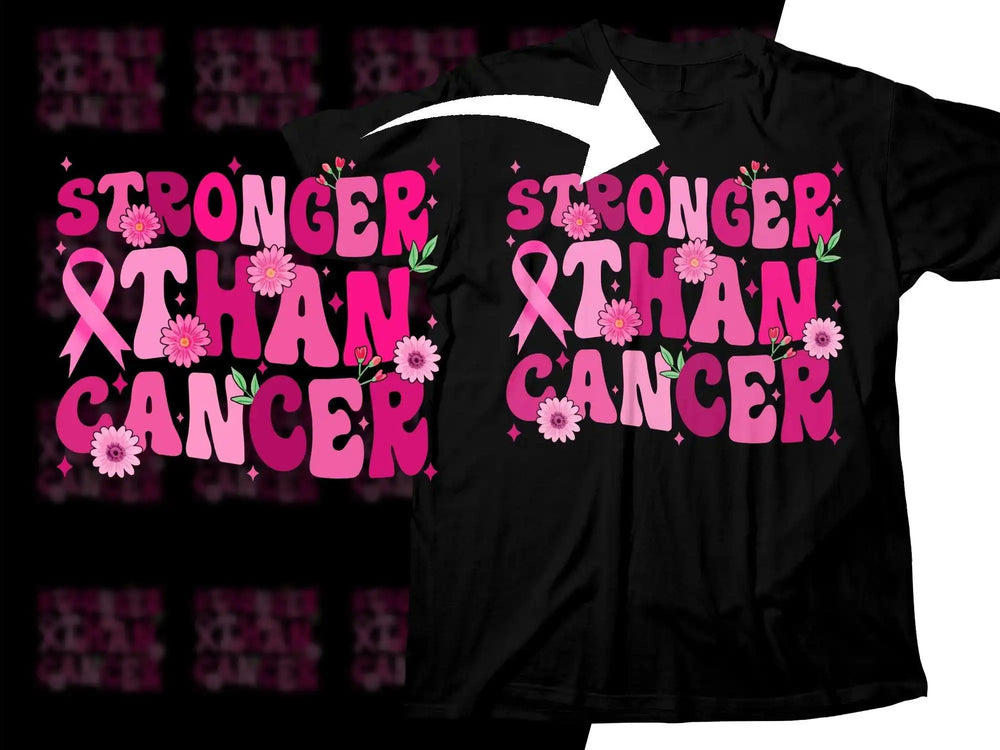 Stronger Than Cancer t-shirt design with pink ribbon and flowers, ideal for breast cancer awareness.