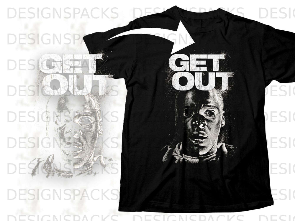 Black t-shirt with "Get Out" text and a stylized portrait of a person.