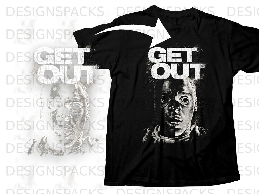 Black t-shirt with "Get Out" text and a stylized portrait of a person.