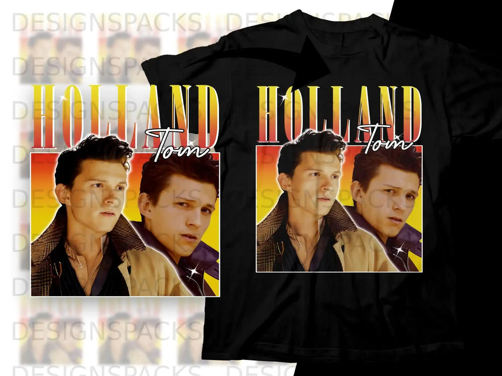Tom Holland wearing a trench coat, head and shoulders, presented in a graphic design.
