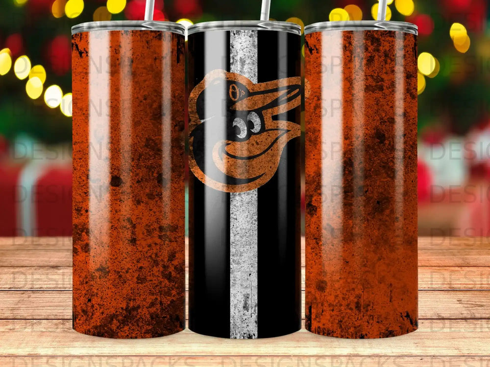 Three Baltimore Orioles tumblers with textured orange and black designs.