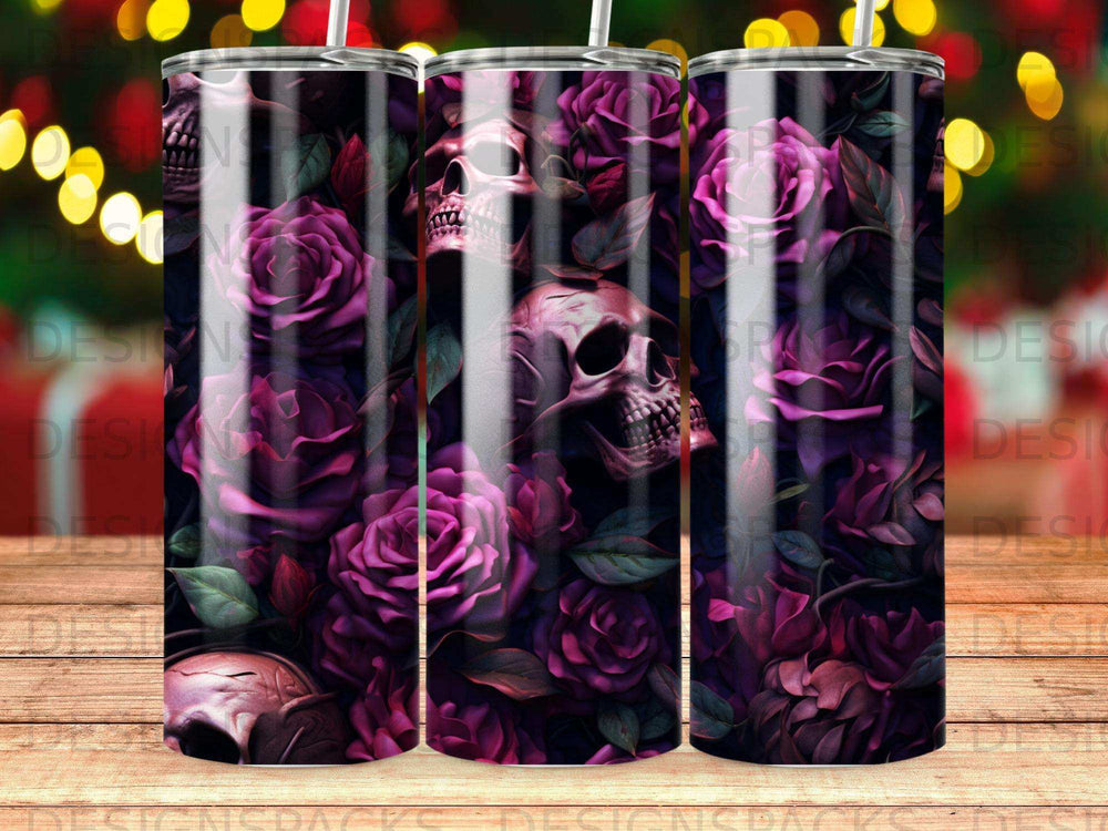 Skull and deep purple roses pattern on a tumbler.