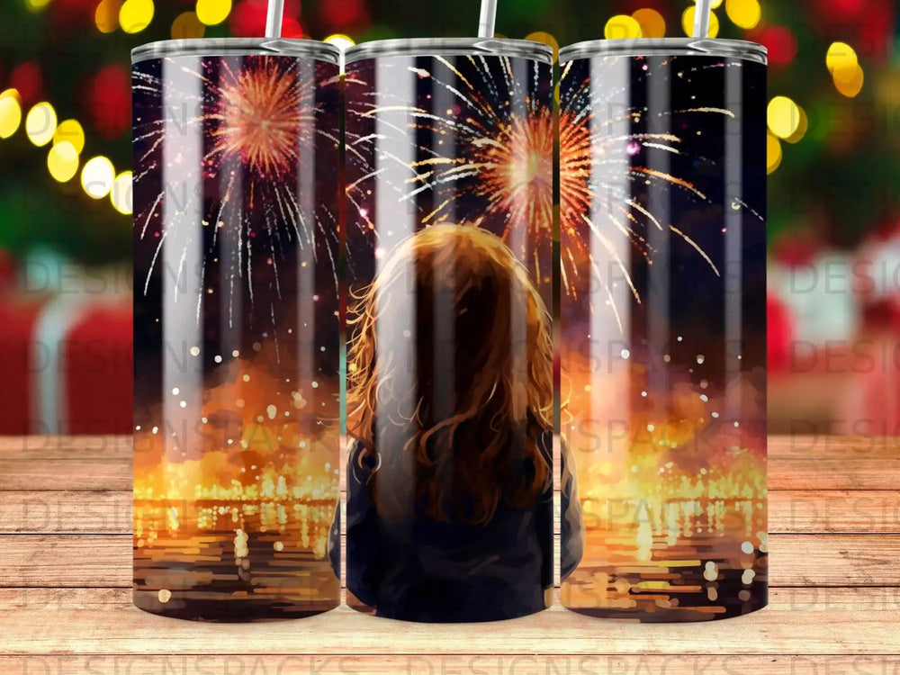 Woman watching fireworks over a city skyline at night.