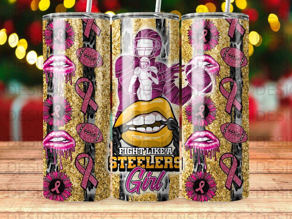 Steelers tumbler with footballs, lips, and pink ribbon designs.