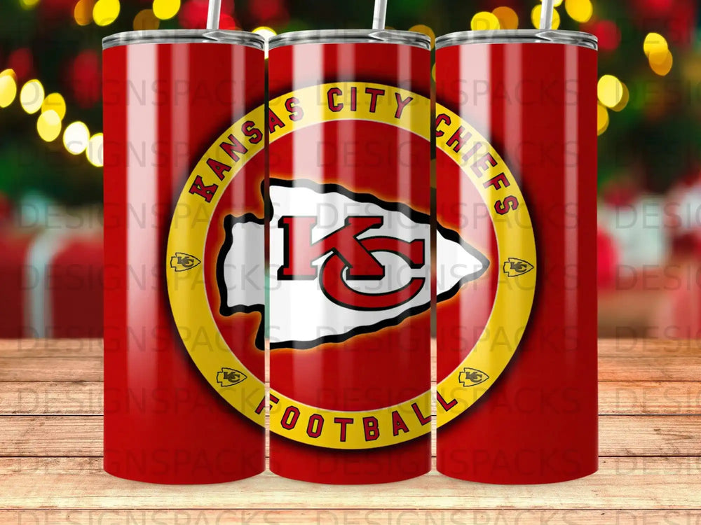 Kansas City Chiefs football logo on red tumbler.
