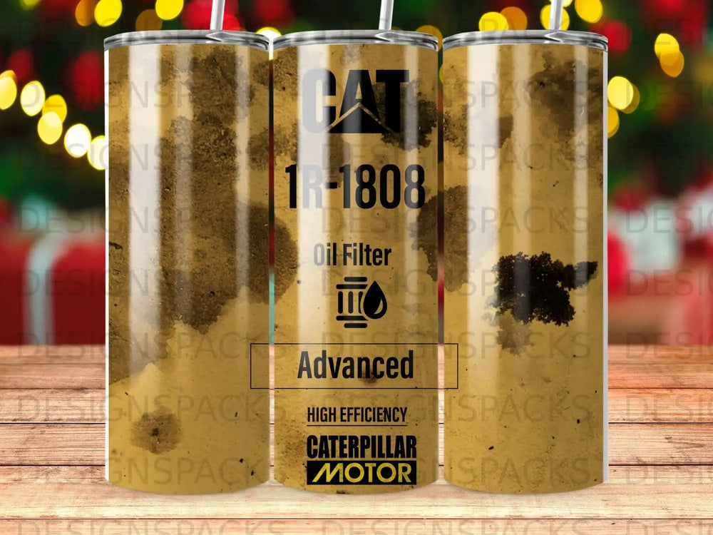 Caterpillar 1R-1808 oil filter tumbler with CAT logo and motor design.