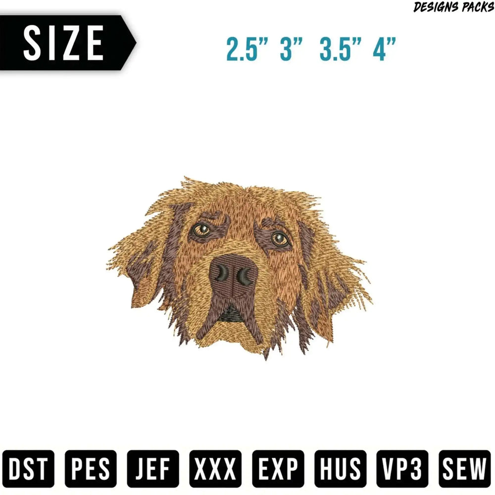 Embroidery design of a golden retriever dog's head, with size options.