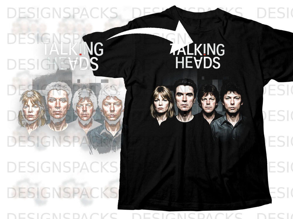 Black t-shirt with graphic of the band Talking Heads and their logo.