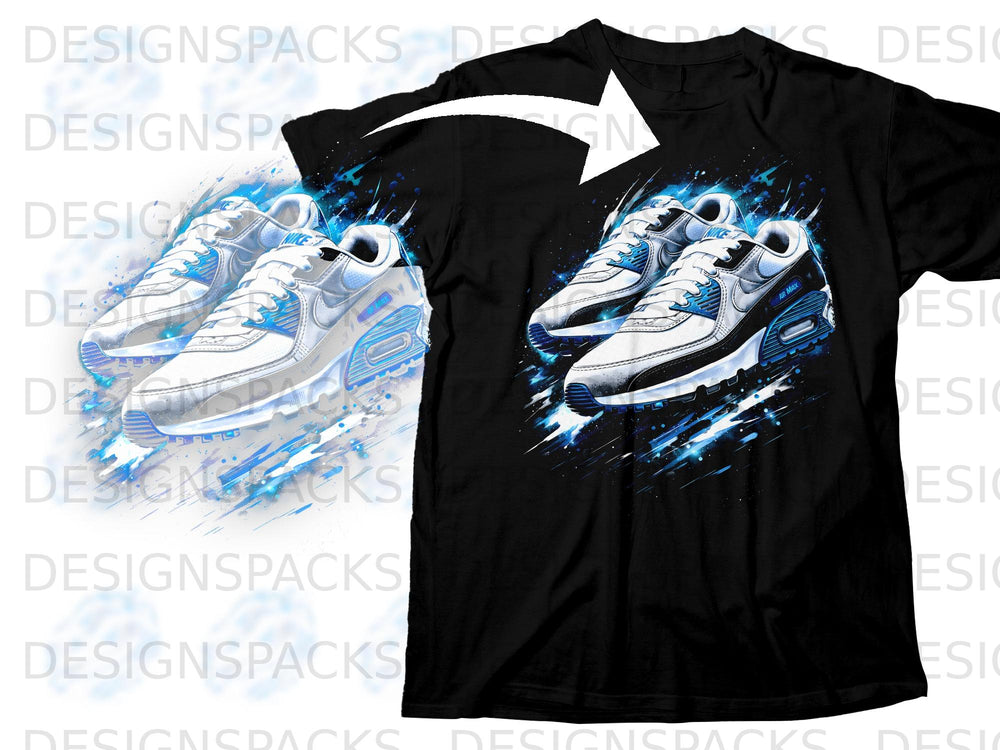 Black t-shirt featuring a dynamic graphic of white and blue Air Max sneakers.
