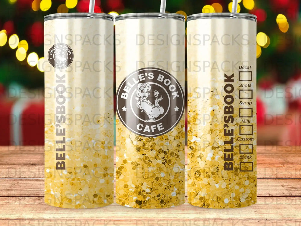 Three tall tumblers with Belle's Cafe logo and glitter design.