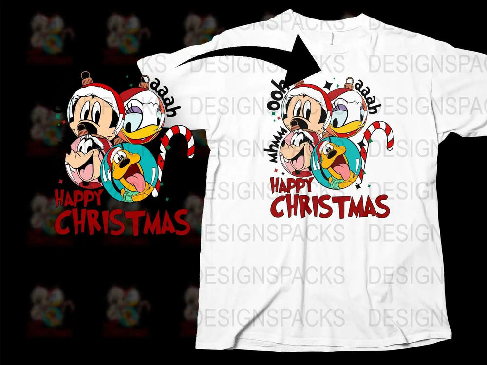 Happy Christmas T-Shirt, Cartoon Character Festive Tee, Colorful Holiday Apparel, Unisex White Shirt Gift Idea
