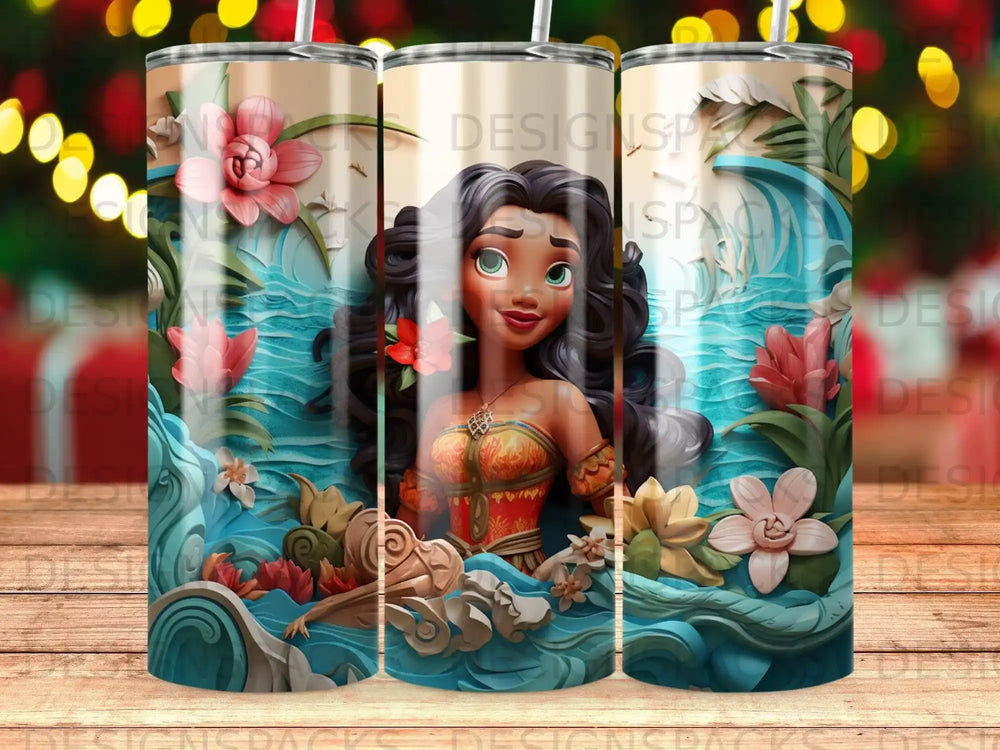 Moana character on a tropical beach with flowers and ocean waves.