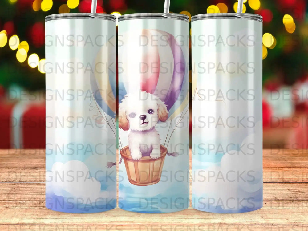 White puppy in hot air balloon basket with colorful background and repeating text.