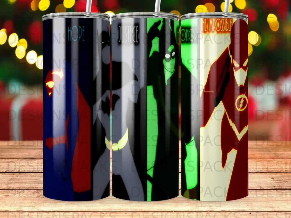 DC Comics characters Batman, Justice League, and The Flash on a tumbler.