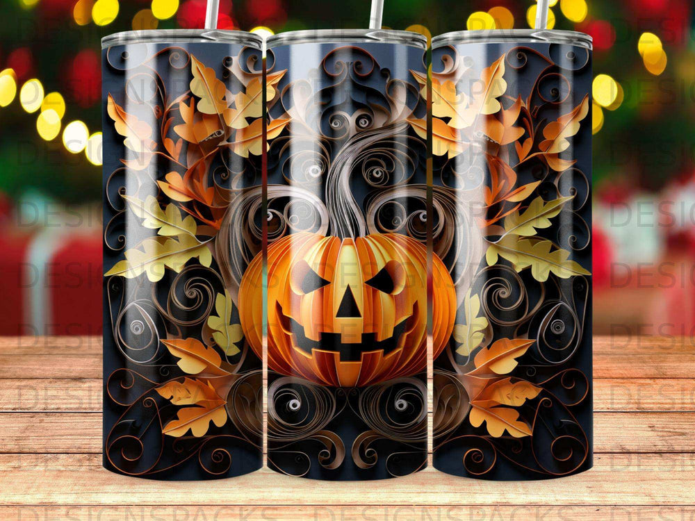 Jack-o'-lantern with swirling autumn leaves pattern on a dark background.