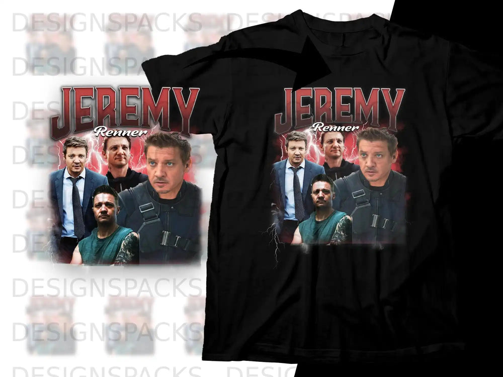 Jeremy Renner graphic t-shirt with actor collage and lightning effect.