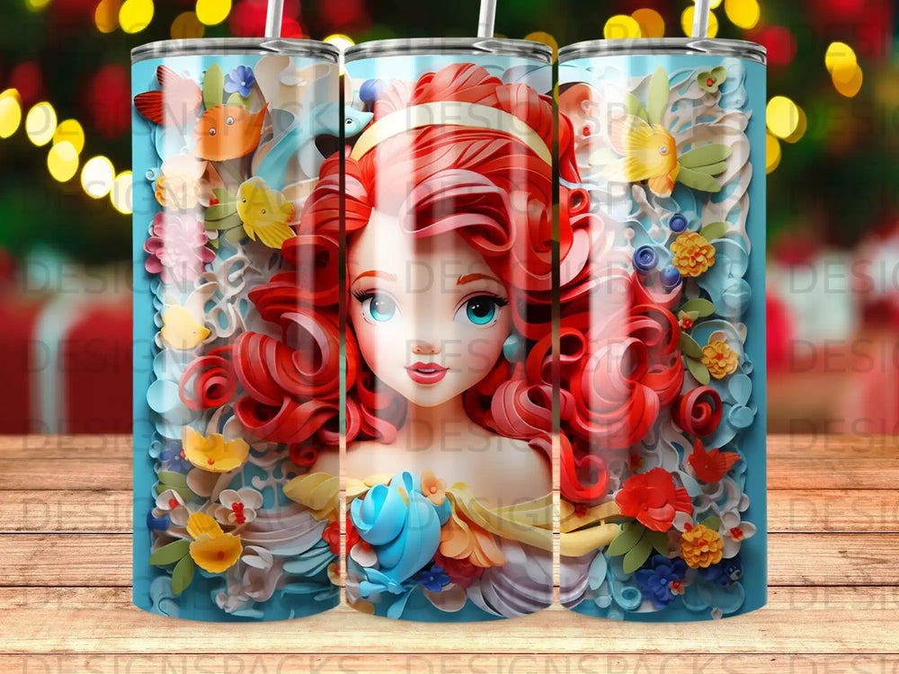 Ariel with red hair and blue eyes surrounded by flowers and birds.