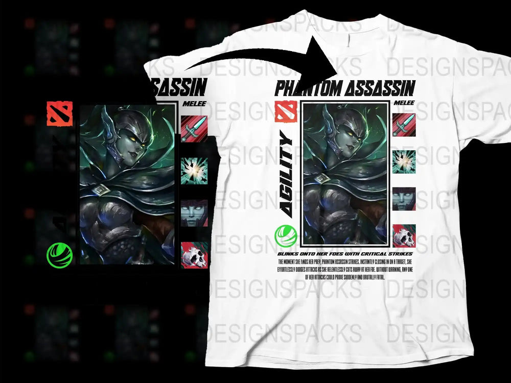 Phantom Assassin Dota 2 Graphic T-Shirt, Gaming Character Tee, Unisex White Graphic Tee, Casual Gamer Apparel, Gift for Gamers