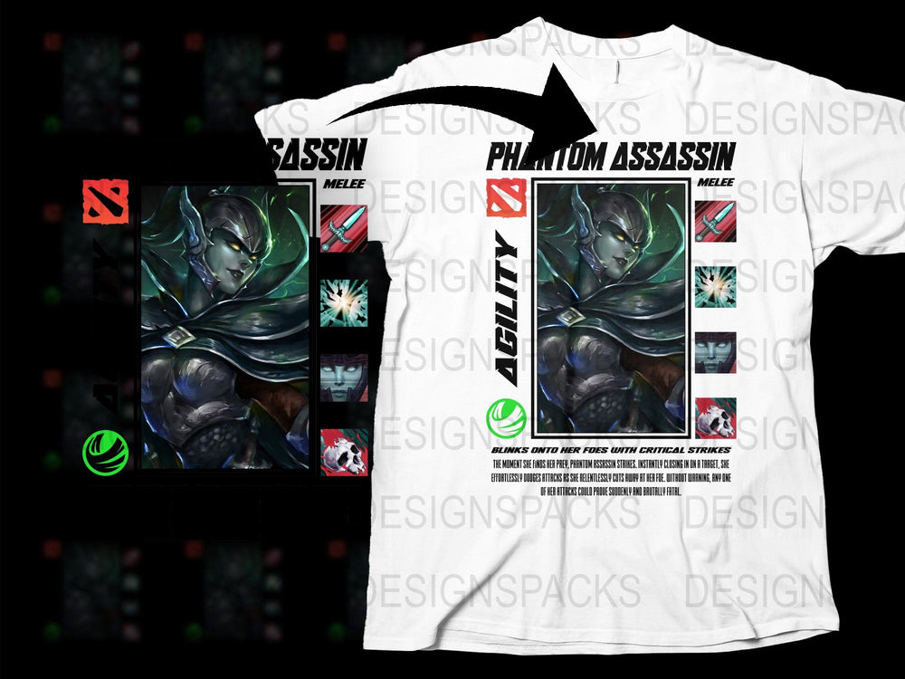 Phantom Assassin Dota 2 Graphic T-Shirt, Gaming Character Tee, Unisex White Graphic Tee, Casual Gamer Apparel, Gift for Gamers