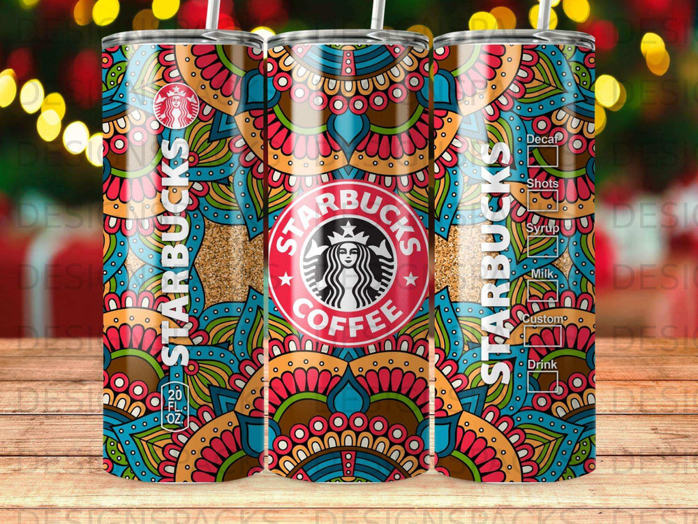 Starbucks coffee tumbler with a colorful mandala design and beverage options.