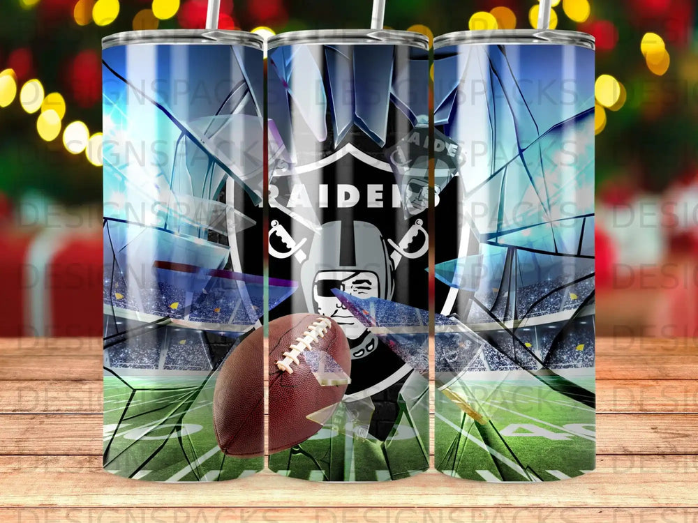 Las Vegas Raiders logo and football on a cracked glass background.