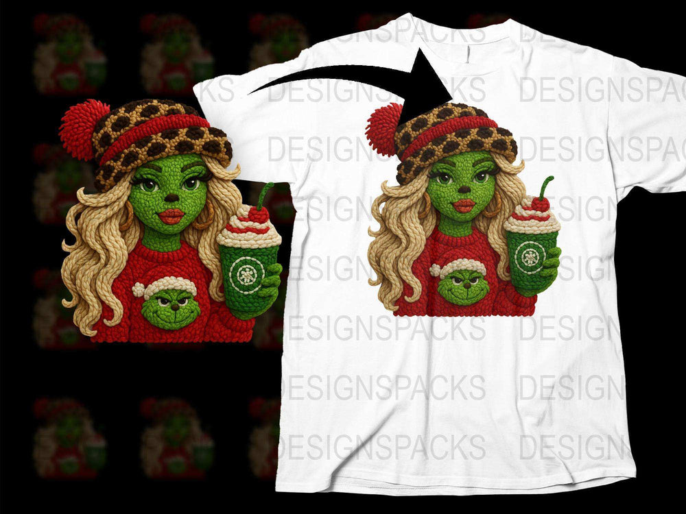 Funky Christmas T-Shirt with Green Monster Graphic, Festive Woman Design Holding Coffee Cup, Holiday Apparel