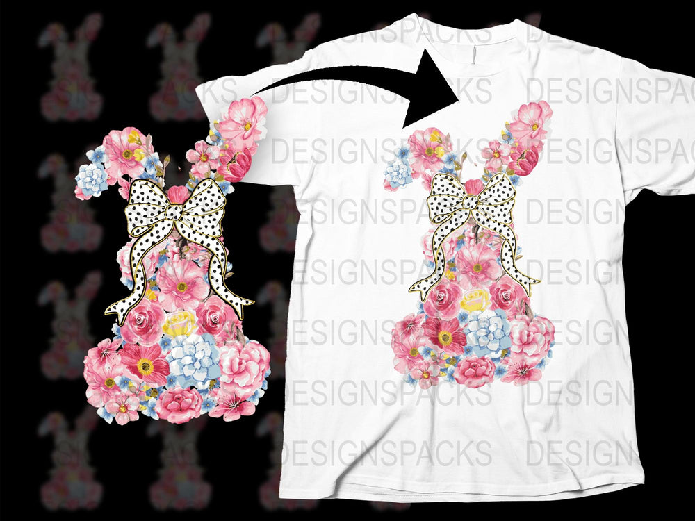 Women's Floral T-Shirt with Bow Detail, Pink and Blue Flowers, Casual Spring Summer Top, Fashion Graphic Tee