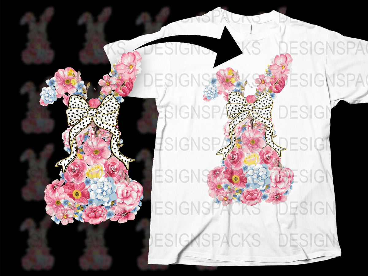 Women's Floral T-Shirt with Bow Detail, Pink and Blue Flowers, Casual Spring Summer Top, Fashion Graphic Tee