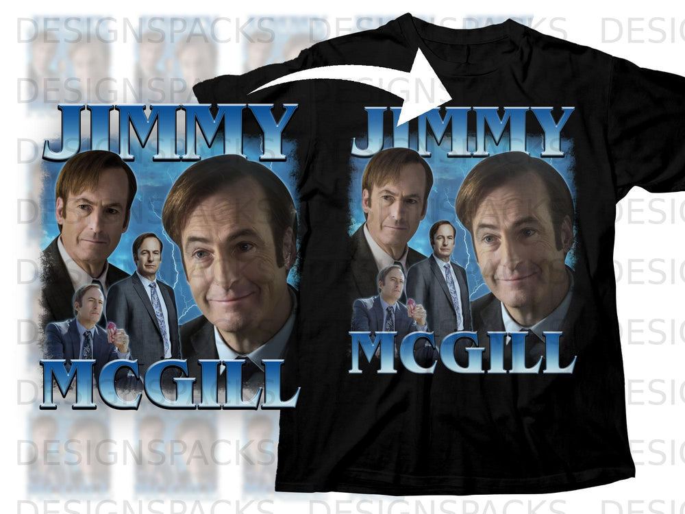 Black t-shirt with "JIMMY MCGILL" text and multiple images of a man.