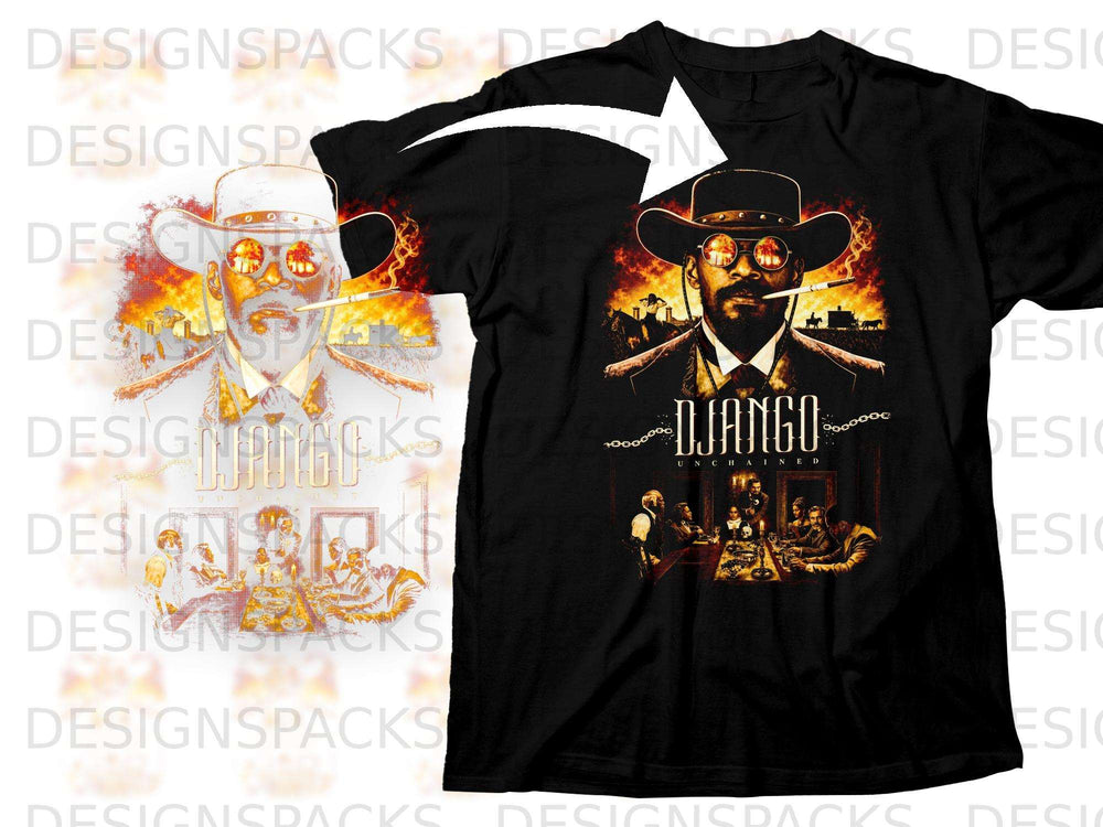 Black t-shirt with Django Unchained artwork featuring a cowboy and a dinner scene.
