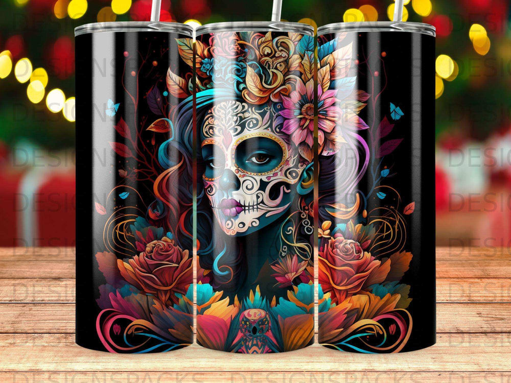Sugar skull with floral embellishments and roses on a black background.