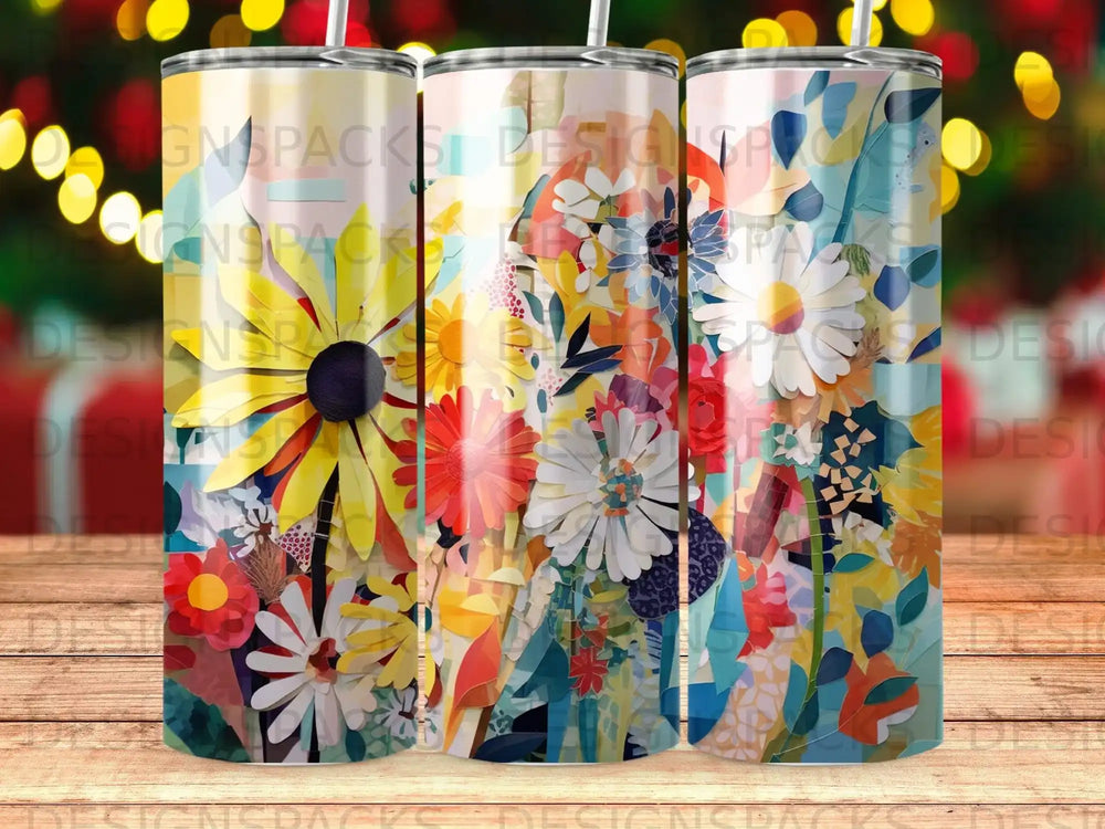 Tumblers with a vibrant floral pattern featuring various flowers and abstract shapes.